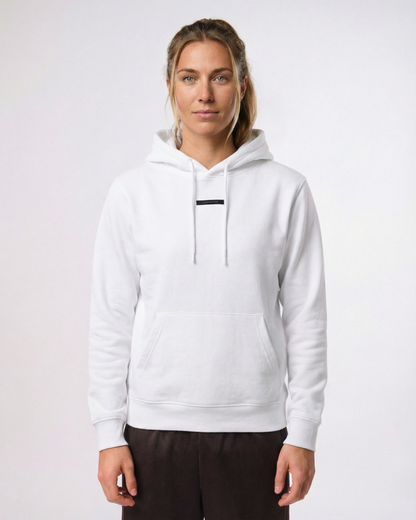 beach volleyball player  wearing a white hoodie on a plain background
