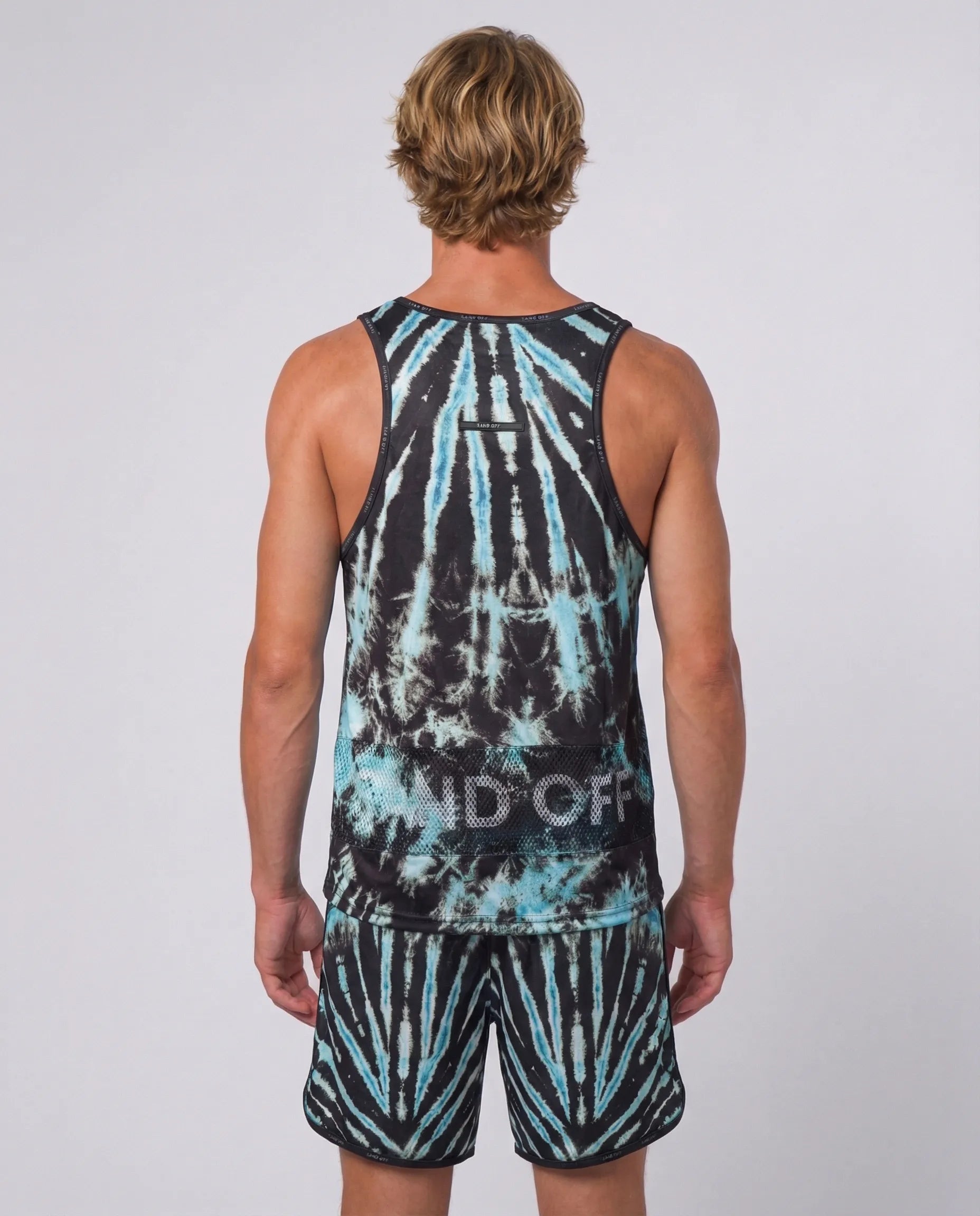 Back view of Cosmic Reef tank top showing the patented Sand Off system for elite beach athletes.