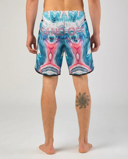 Back view of Astral Flow shorts with the patented Sand Off system for quick hand cleaning on the sand.
