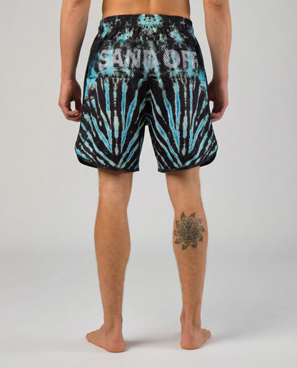 Back view of Cosmic Reef shorts with the patented Sand Off system for instant hand cleaning on the court.